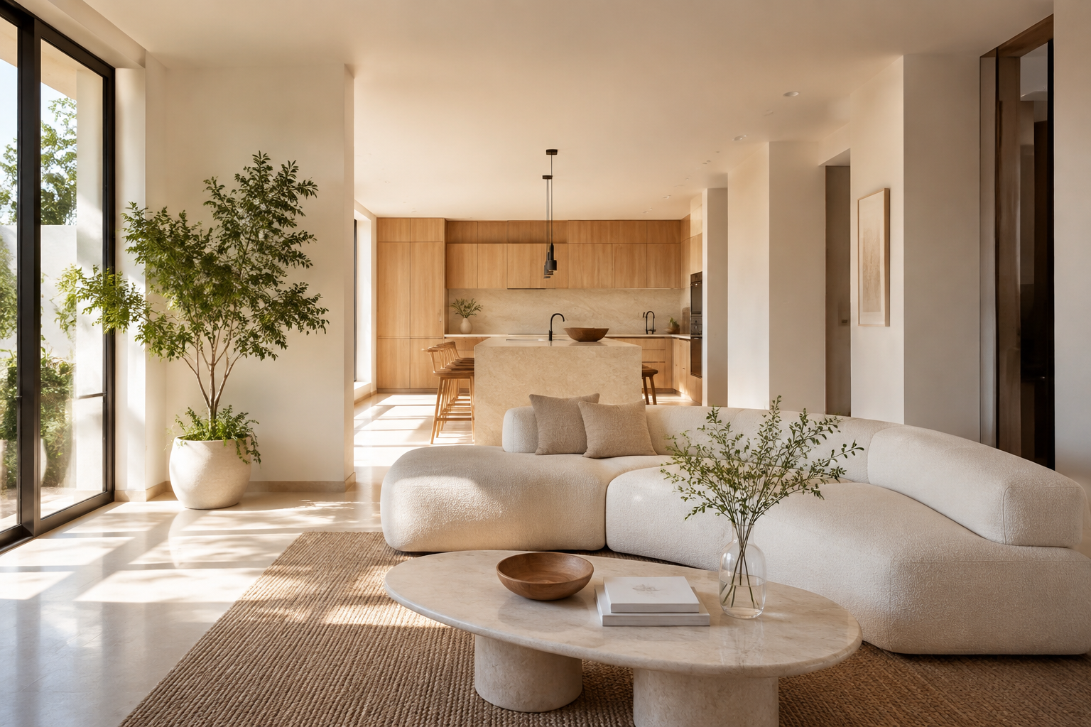 A bright living room with an ivory sofa and sunlit kitchen